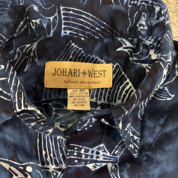 Johari West Mens Batik Sailfish Blue Cotton Hawaiian Button Down Shirt XLT NWT - Picture 2 of 8